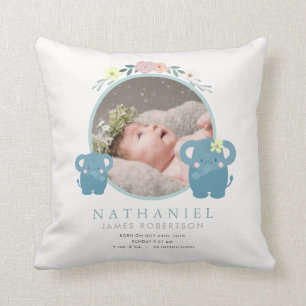 Mum & Baby Elephant Blue Photo Baby Stats Cushion