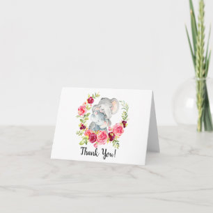 Mum & Baby Elephant Girls Shower Thank You Note Card