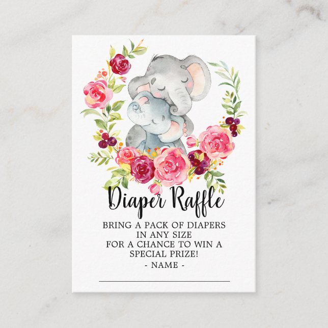 Mum & Baby Elephant Shower Diaper Raffle Ticket Enclosure Card (Front)