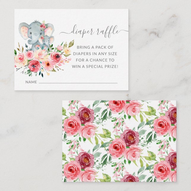 Mum & Baby Elephant Shower Diaper Raffle Ticket Enclosure Card (Front/Back)