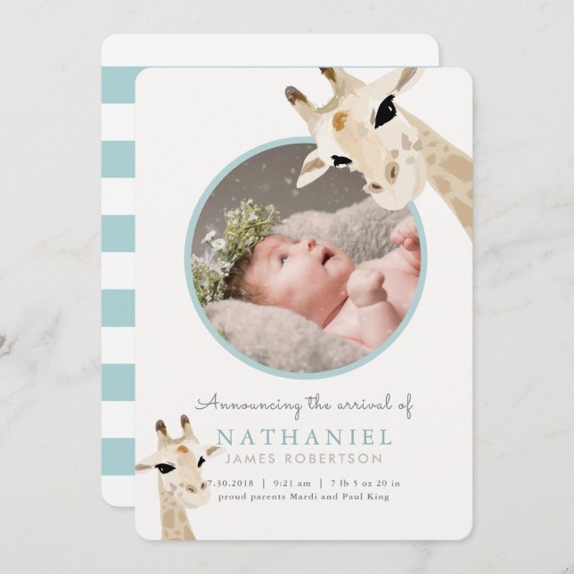 Mum & Baby Giraffe Blue Photo Birth Announcement (Front/Back)