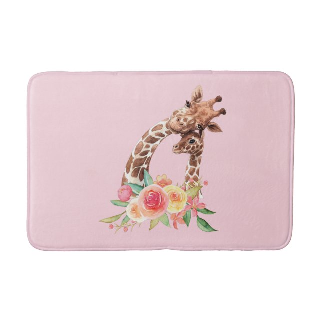 Mum & Baby Giraffe Cute Watercolor Bath Mat (Front)