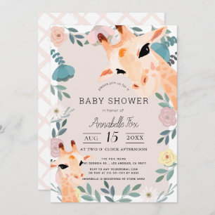 Mum & Baby Giraffe Pink Floral Baby Shower Invitation
