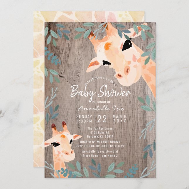 Mum & Baby Giraffe Rustic Wood Baby Shower Invitation (Front/Back)