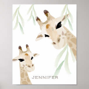 Mum & Baby Giraffe Watercolor Nursery Art Poster