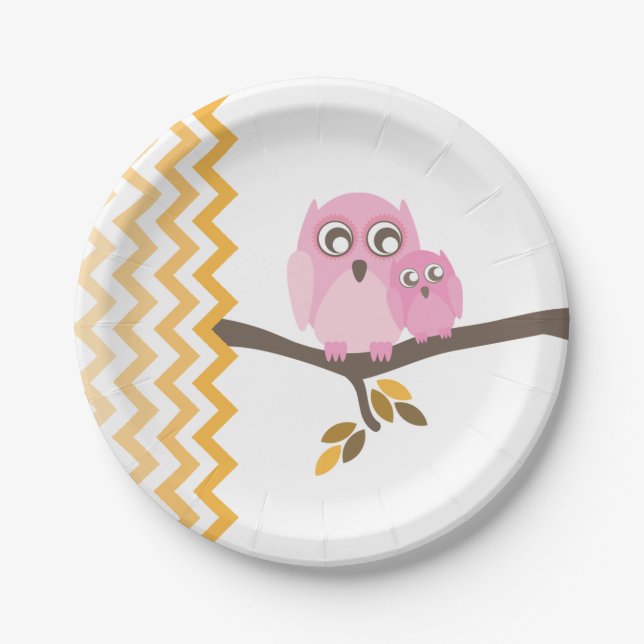 Mum + Baby Girl Owl Autumn Baby Shower Paper Plate (Front)