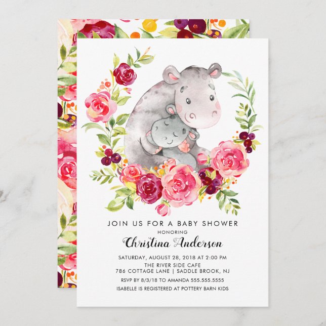 Mum & Baby Hippo Baby Shower Invitation (Front/Back)