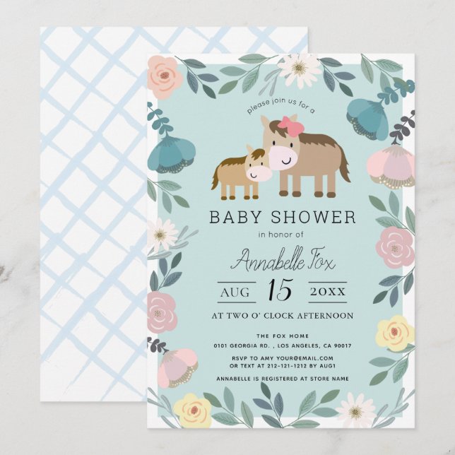 Mum & Baby Horse Blue Floral Garden Baby Shower Invitation (Front/Back)