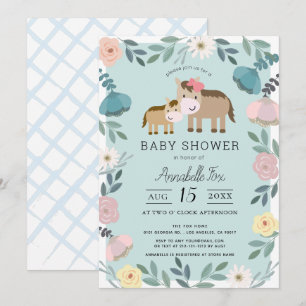 Mum & Baby Horse Blue Floral Garden Baby Shower Invitation