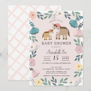 Mum & Baby Horse Pink Floral Garden Baby Shower Invitation