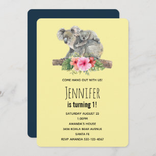 Mum & Baby Koala Bears Cute Watercolor Birthday Invitation
