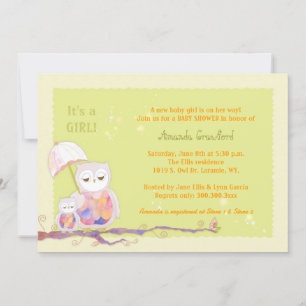 Mum & Baby Owls Green Baby Girl Shower Invitation