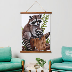 Mum & Baby Racoon Watercolor Hanging Tapestry