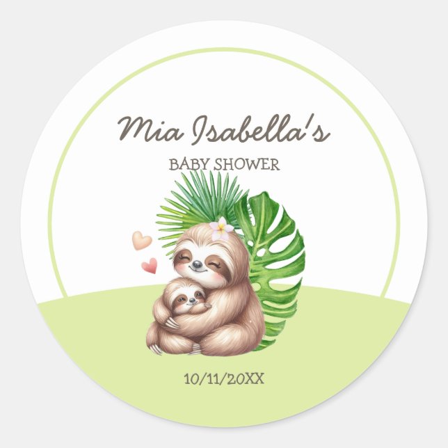 Mum & Baby Sloth Baby Shower Classic Round Sticker (Front)