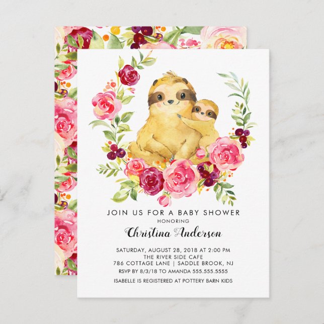 Mum & Baby Sloth Baby Shower Invitation (Front/Back)