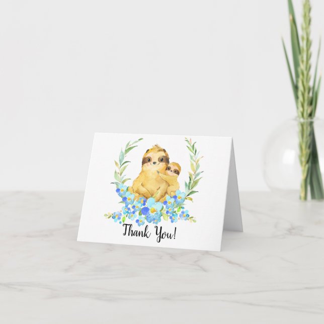 Mum & Baby Sloth Boys Shower Thank You Note Card (Front)