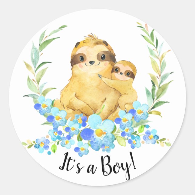 Mum & Baby Sloth It' a BOY Favour Sticker (Front)