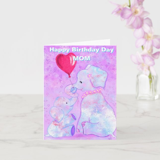 Mum Birthday Card Cute Elephant Baby with Mum (Orchid)