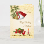 Mum, Birthday on Christmas card with bells, candle<br><div class="desc">Christmas conifer with three bells,   candle,  decorations and present</div>