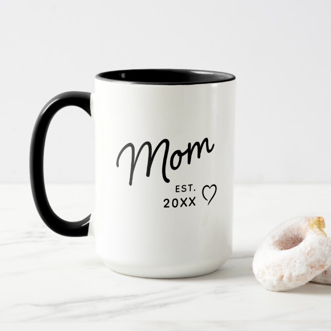 Mum Black and White Minimalist Est Year  Mug (With Donut)