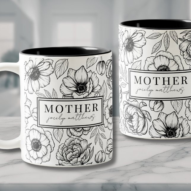 Mum Black White Floral Mother Two-Tone Coffee Mug (Modern Black White Floral Two-Tone Coffee Mug)