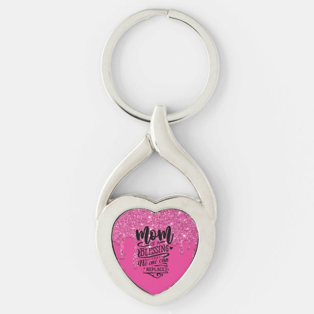 Mum Blessing Quote Pink Dripping Glitter  Key Ring (Front)