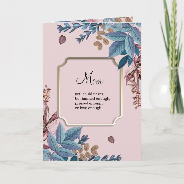 Mum Blue and Elegant Gold Colourful Leaves Card (Front)