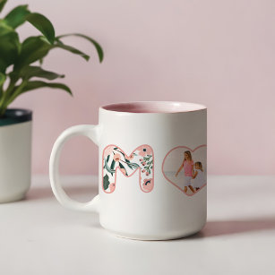 Mum Blush Pink Floral Bubble Lettering Heart Photo Two-Tone Coffee Mug