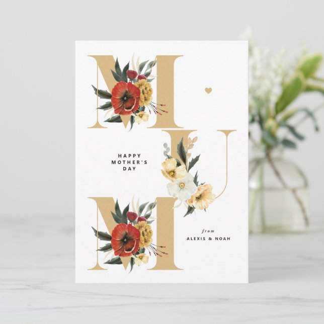 MUM Boho Flowers Gold Happy Mother's Day Holiday Card (Standing Front)