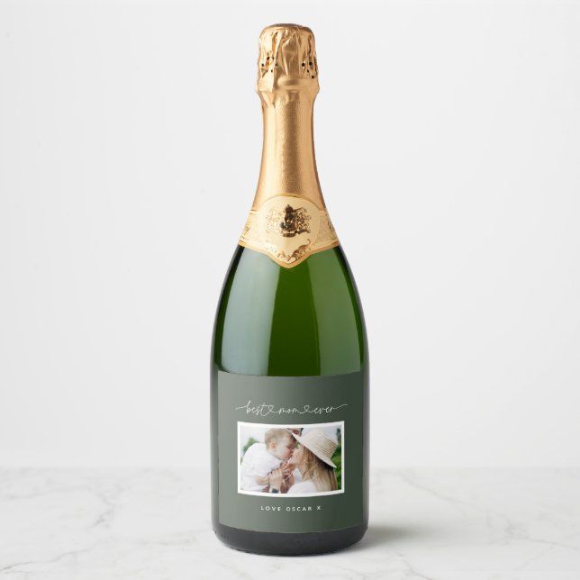 Mum cute modern script photo gift  sparkling wine label (Front)