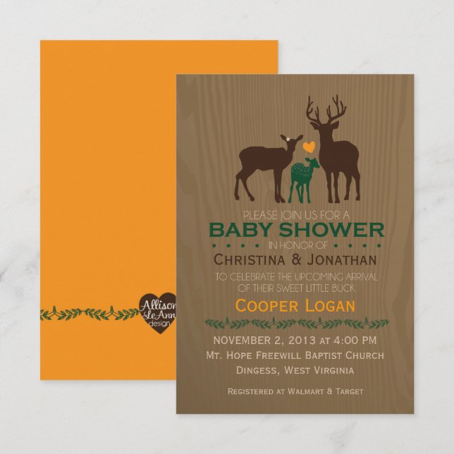 Mum, Dad & Baby Boy Deer - Orange Shower Invite (Front/Back)