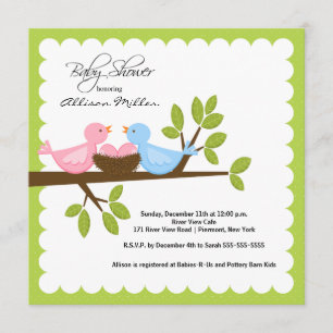 Mum Dad Birds with TWINGirls Multiple Baby Shower Invitation