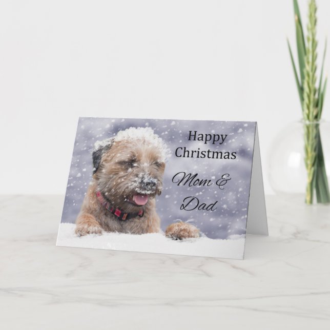 Mum & Dad Border Terrier Dog In The Snow Holiday Card (Front)