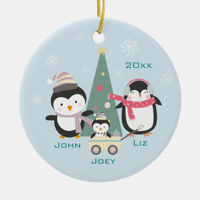 Mum, Dad & Child Penguins Ceramic Ornament (Front)