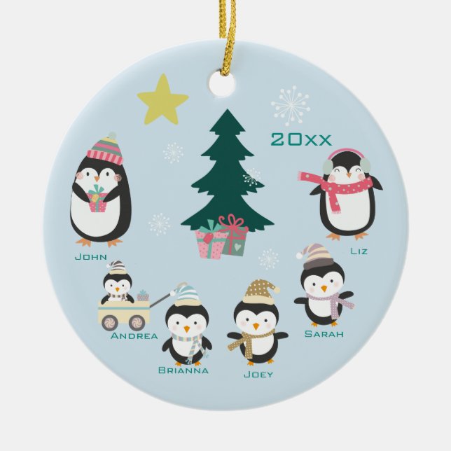 Mum, Dad & Four Children ~ Penguins Ceramic Ornament (Front)