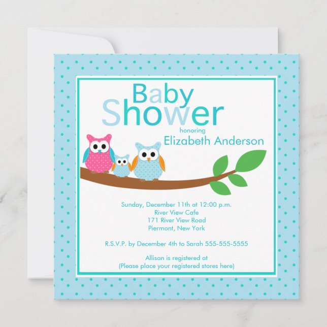 Mum & Dad Owls with Baby Owl Boy Baby Shower Invitation (Front)