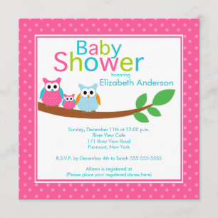 Mum & Dad Owls with Baby Owl Girl Baby Shower Invitation
