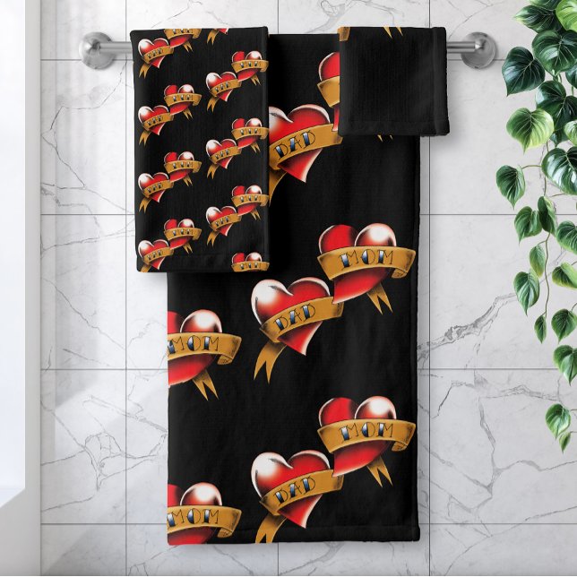 Mum Dad Red Hearts Tattoo Bath Towel Set (Creator Uploaded)
