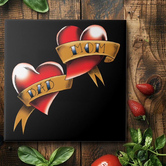 Mum Dad Red Hearts Tattoo Ceramic Tile (Creator Uploaded)