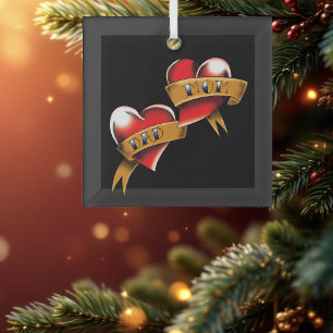 Mum Dad Red Hearts Tattoo Glass Tree Decoration