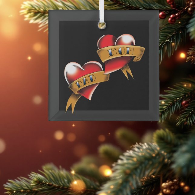 Mum Dad Red Hearts Tattoo Glass Tree Decoration (Creator Uploaded)