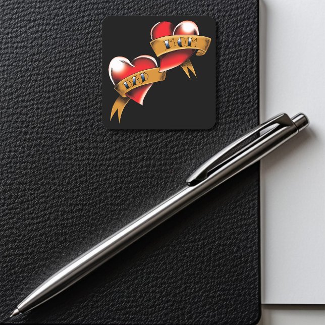 Mum Dad Red Hearts Tattoo Square Sticker (Creator Uploaded)