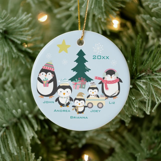 Mum, Dad & Three Children ~ Penguins Ceramic Ornament (Tree)