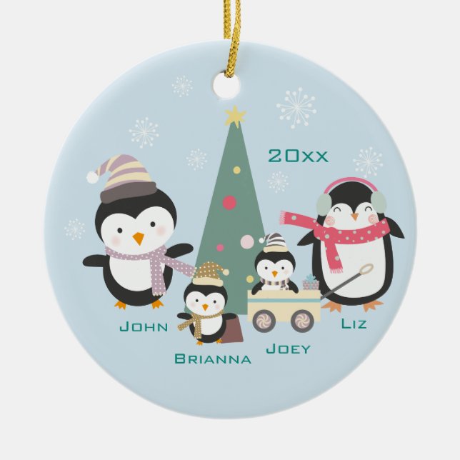 Mum, Dad & Two Children ~ Penguins Ceramic Ornament (Front)