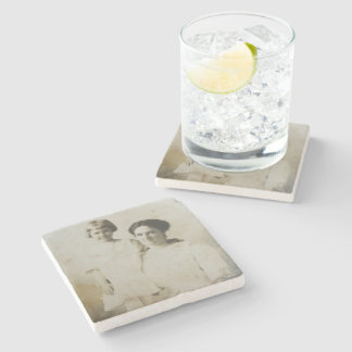 Mum & Daughter Foxed RPPC BW Photo Image Stone Coaster