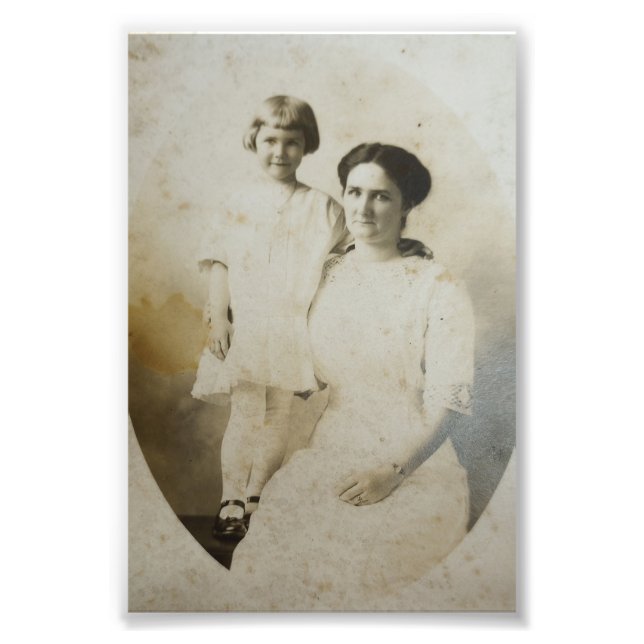 Mum & Daughter Oval Mask Foxed RPPC BW Photo Image Print (Front)