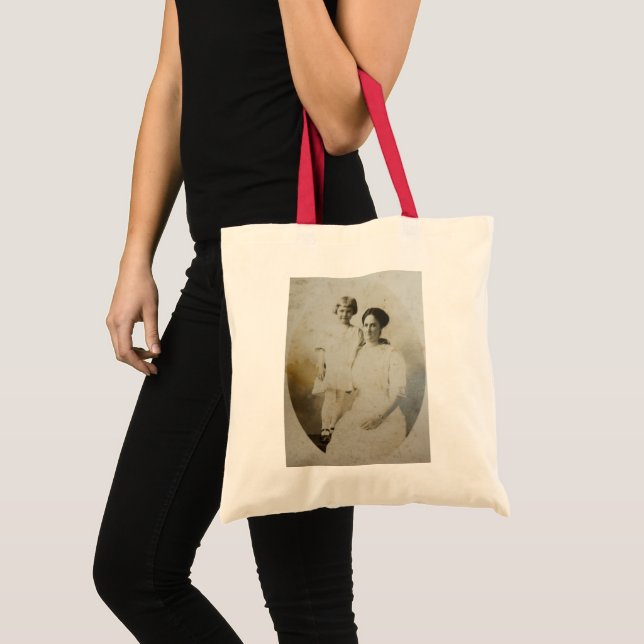 Mum & Daughter Oval Mask Foxed RPPC BW Photo Image Tote Bag (Front (Product))