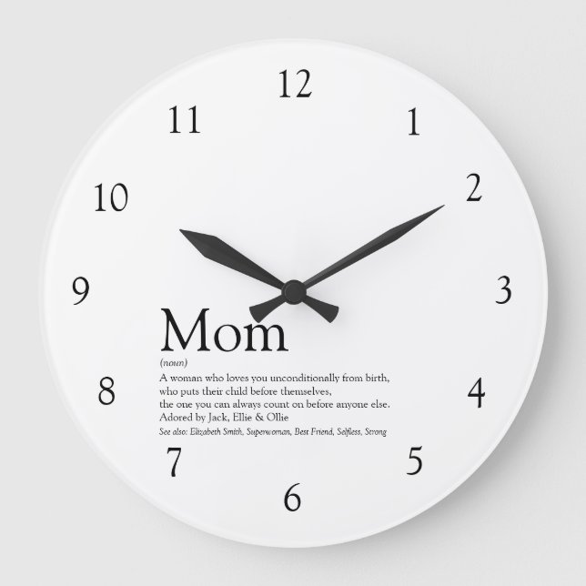 Mum Definition Quote Modern Black and White Large Clock (Front)
