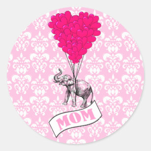 Mum, elephant and heart balloons classic round sticker
