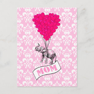 Mum, elephant and heart balloons postcard